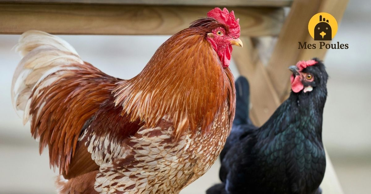 Coq roux et poule noire sous un abri en bois