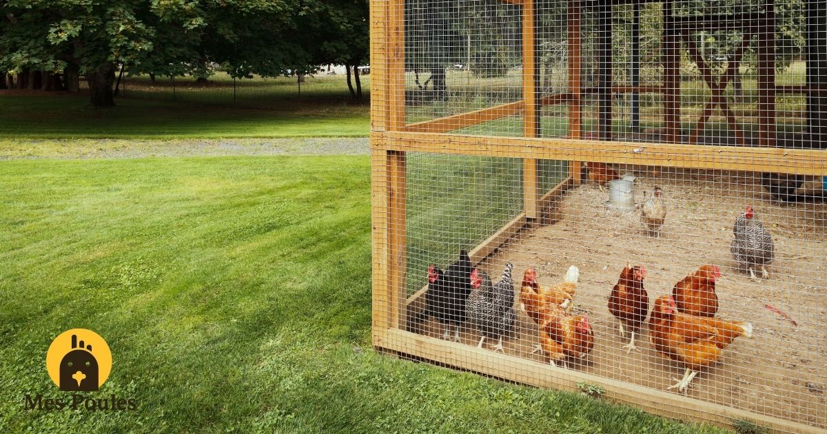 Groupe de poules rousses dans un grand enclos grillagé en bois au jardin